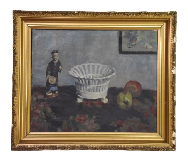 Henri Geertsen Still Life Oil on Canvas Painting: Henri Geertsen Still Life Oil on Canvas Painting. Featuring Chinese Doll, White Basket / Decorative Pot and Apples. Signed Illegibly lower right.Note: damage to frame. Sold as is.framed measures 26 in