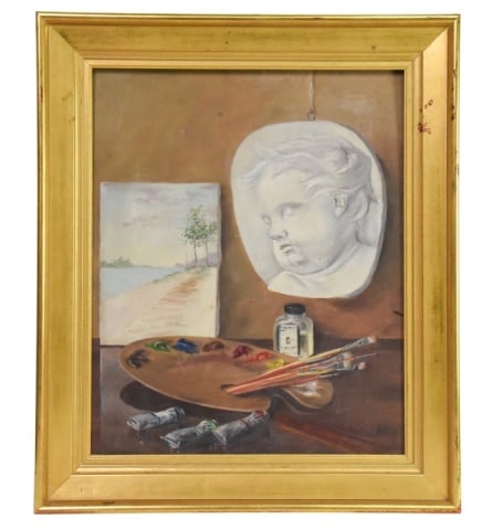 James Ullom Still Life Oil Painting Dated 1942: James Ullom Still Life Oil Painting on Board Dated 1942. Depicting an artist;s studio set up. Key element in the frame include a plaster bas-relief sculpture of a child's head, miniature landscape pai
