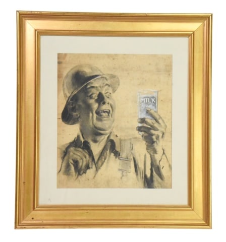 Vintage Mixed Media Figurative Illustration: Vintage Figurative Illustration Depicting a Man in a Bowler Hat Holding a Carton of Milk Watercolor / Mixed Media Style on Aged Textured paper Background. Framed under glass.Framed measures 30 inches 
