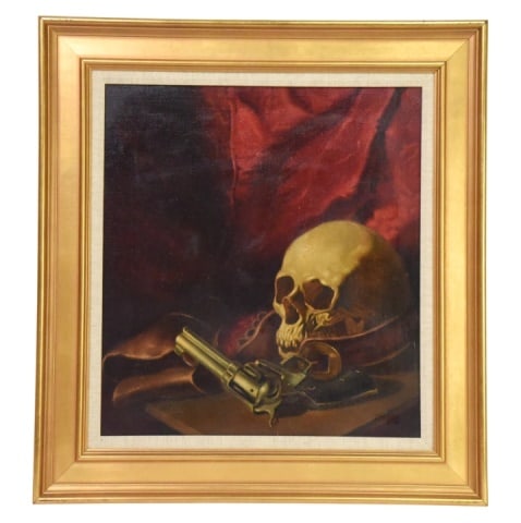 Contemporary Vanitas / Memento Mori Still Life: Contemporary Vanitas / Memento Mori Still Life Oil on Canvas Painting Featuring a Human Skull Alonside a Revolver Against a Dramatic Red Backdrop. Set in multi-layered gold frame with neutral fabric l