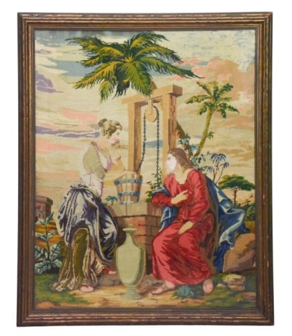 19th C. Jesus and Samaritan Needlepoint Tapestry: 19th Century Jesus and Samaritan Needlepoint Tapestry.Frame measures 44.5 inches x 36.5 inches.Needlepoint measures 40 inches x 32 inches.