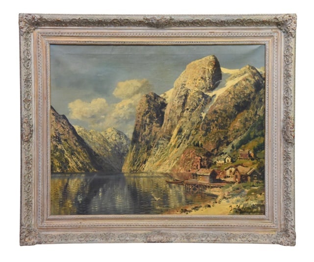 Johann Holmstedt Norwegian Fjord Scene Painting: 19th Century Johann Holmstedt Norwegian Fjord Scene Oil on Canvas Painting in Ornate Distressed Period Frame. artwork shows age, craquelure on surface and patched work / repair in verso. Please see