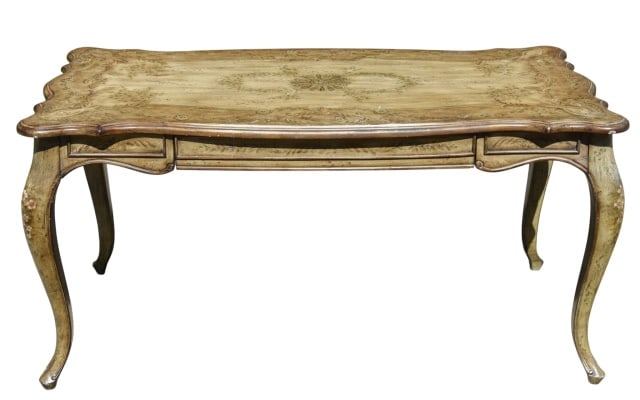 French Style One Drawer & Floral Stenciling Desk: French Style One Drawer & Floral Stenciling Desk from Seven Seas Hooker Furniture.Measures 30.5 inches x 60 inches x 30 inches. There is wear to top edge and minor scuffs and scratches around the piec