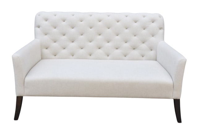 Classic Beige Tufted Upholstered Elton Settee: Classic Beige Tufted Linen Upholstered Elton Settee.Measures 36 inches x 54 inches x 29 inches x 18 inches. Needs cleaning. Sold as is.