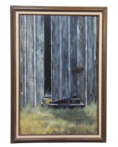 Robert E. Kreig Rustic Grey Barn Door Painting: Robert E. Kreig Rustic Grey Barn Door Acrylic Painting on Board Dated 1982.Framed measures 42 inches x 29 inches, art 36 inches x 24 inches.