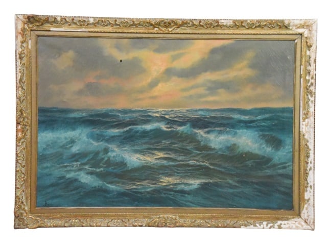 Mid 20th Century Seascape Oil on Canvas Painting: Mid 20th Century Impressionist Coastal Art Seascape Oil on Canvas Painting Signed Berk.Gilt loss and damage to frame. Artwork shows age, hole upper left of the cancas and visible craquelure.Framed mea