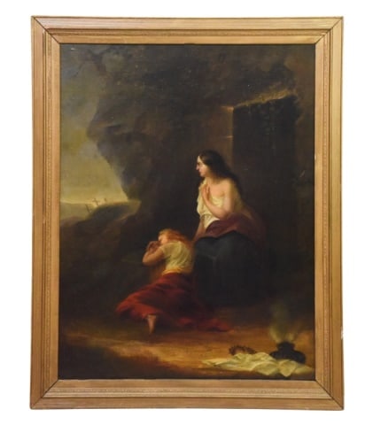 19th Century European Religious Oil Painting: 19th Century European Religious / Devotional Scene Oil Painting Depictng Mary Magdalene and Another Mourning Figure at The Empty Tomb of Christ.Housed in a vintage molded wooden gilt frame with