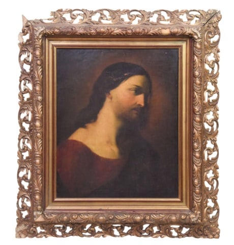 Antique European Old Master Style Oil on Canvas: 17th -18th Century Antique European Old Master Style Religious Portrait Oil on Canvas Painting. Depicting a Profile of Jesus Christ. In an ornate, gilded frame.Visible craquelure and surface wear appe