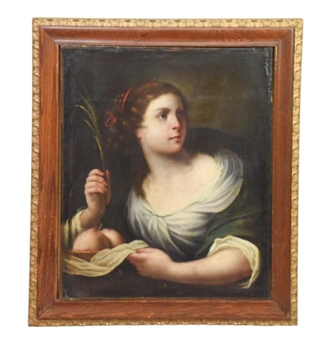 Antique European Old Master Style Oil on Canvas: 17th -18th Century Antique European Old Master Style / Italian Baroque Portrait Figure Oil on Canvas Painting in Period Frame Depicting a Female Martyr Holding a Wheat and a Dish with Symbolic