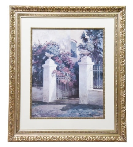 Poch Romeu Jardi Colonial Framed Art Print: Poch Romeu Jardi Colonial Framed Art Print. Set in an ornate gilt wood frame, double matting.Frame measures 44 inches x 38 inches.Art measures 29 inches x 23 inches.