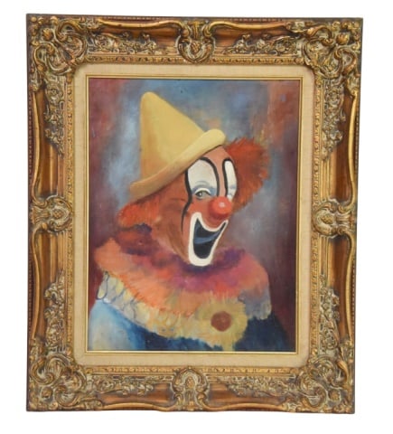 Vintage Expressive Bust Portrait of a Clown: Vintage Oil Painting Expressive Bust Portrait of a Clown with an Open-Mouthed Expression and Classic face Paint.Framed in Rococo style gold composite / wood with floral scroll relief moldings. Framed