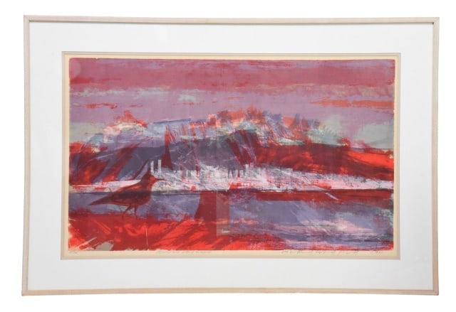 Howard Bradford Mountain Landscape Serigraph: Howard Bradford Signed Mountain Landscape Serigraph Dated 1961. Edition 15.Frame measures 29 inches x 43 inches.Art measures 21 inches x 34 inches.
