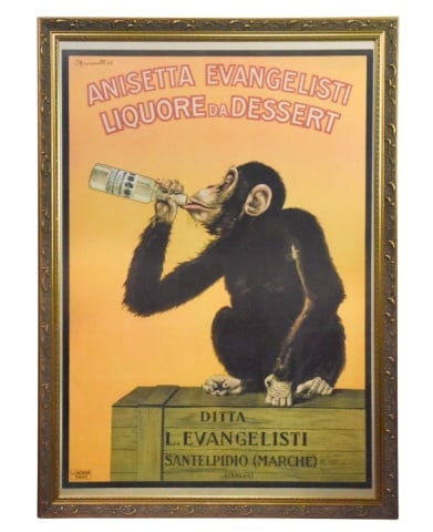 Carlo Biscaretti Di Ruffa Advertising Poster: Vintage Carlo Biscaretti Di Ruffa Advertising Poster for Anisetta Evanglisti Liquer. Featuring a monkey drinking from a bottle.Measures 53 inches x 38 inches.