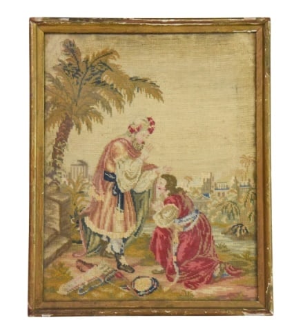 19th C Return of Prodigal Son Petit Point Tapestry: Antique 19th Century Return of Prodigal Son Petit Point Stitches Tapestry. In period gilt frame, framed under glass. Gilt loss on frame. Sold as is.Measures 21 inches x 17 inches.