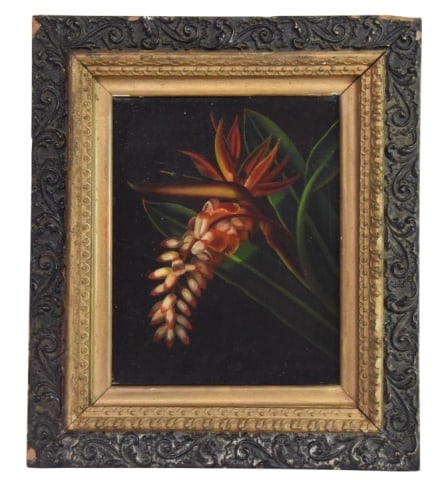 L. Backer Birds of Paradise Oil Painting on Canvas: Signed L. Backer Birds of Paradise Oil Painting on Canvas.Frame measures 15 inches x 13 inches, art 10 inches x 8 inches.Damage to frame. Sold as is.