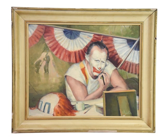 D. Malota Impressionist Oil Painting of a Clown: Signed D. Malota Signed Impressionist Oil Painting on Board of a Clown Applying Make Up In Front of a Mirror.Some gilt loss and damge to frame. Sold as is.Framed measures 26.5 inches x 30 inches.