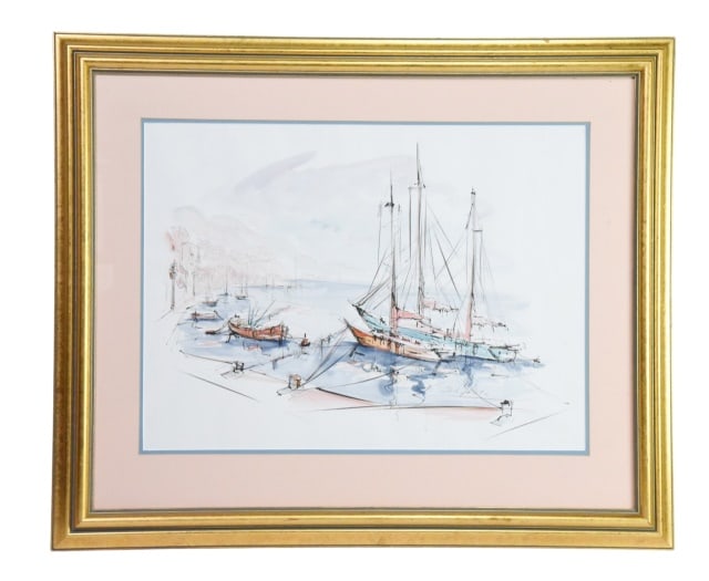 Signed Harbor Scene Watercolor Painting: Signed Vintage Harbor Scene Watercolor Painting. Professionally framed with a gold frame and a wide matte border.Measures 27 inches x 32 inches.