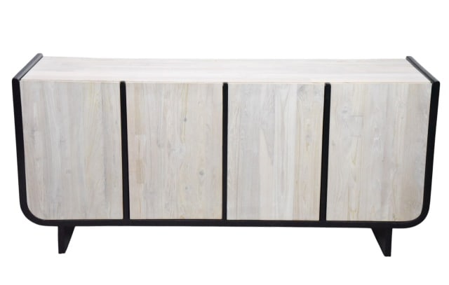 CB2 Sion White Wash Teak Wood Credenza: CB2 Sion White Wash Teak Wood Credenza Media Cabinet. Features a distinct blackened mango wood frame.Measures 28 inches x 61 inches x 18 inches.