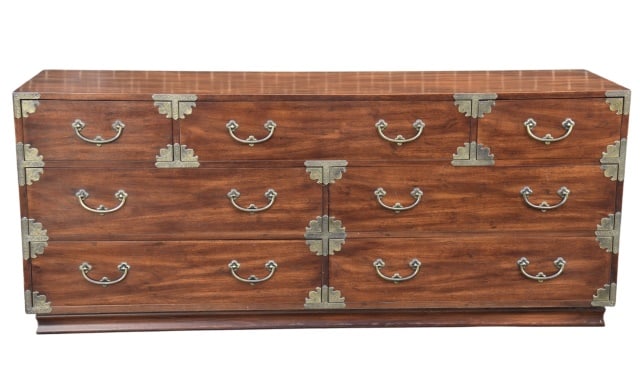 Henredon Tansu Asian Campaign Style Dresser: Henredon Tansu Asian Campaign Style Dresser. Features seven drawers adorned distintive embossed brass hardware.Measures 30 inches x 72 inches x 19 inches.