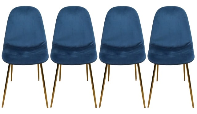 4 Mid Century Modern Velvet Upholstered Chairs: 4 Mid Century Modern Velvet Upholstered Chairs with Brass Legs.Measures 34 inches x 18 inches x 16 inches x 18 inches.