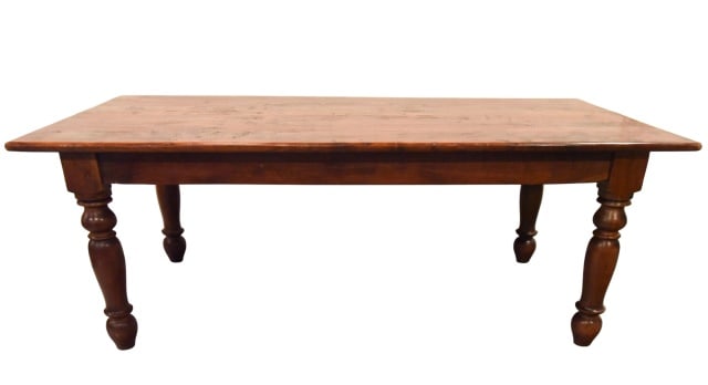 Restoration Hardware Country Style Dining Table: Restoration Hardware Country Style Dining Table with Baluster Style Legs.Measures 31.5 inches x 84 inches x 41.75 inches.Please note that there is some wear to the surface. Sold as is.
