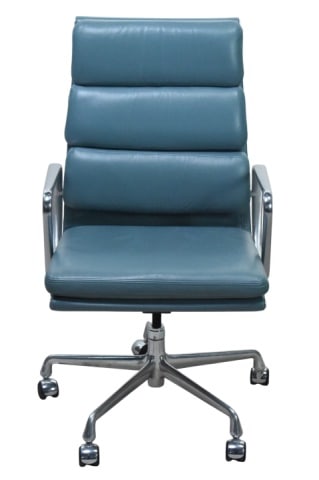 Herman Miller Eames Soft Pad Executive Chair: Herman Miller Eames Soft Pad Light Blue Leather Executive Chair. Some wear to the leather and scratches. Sold as is.Measures 40 inches x 24 inches x 20 inches, seat height 18 inches.