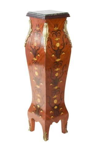Louis XV Bombe Style Marquetry Marble Top Pedestal: Louis XV Bombe Style Marquetry Marble Top Pedestal.Measures 47 inches x 12 inches square.