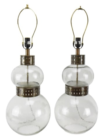 Julian Glass & Brass Double Globe Table Lamps: Pair Julian Glass and Brass Double Globe banded Table Lamps. Measures 31 inches x 12 inches including the harp.