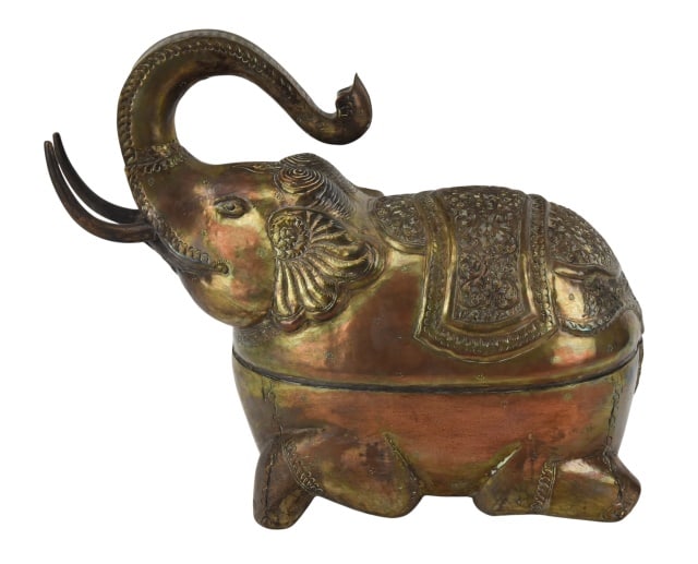 Vintage Indonesian Metal Elephant Table Box: intage Indonesian Metal Elephant Table Box.Measures 12 inches x 5 inches x 13.5 inches.