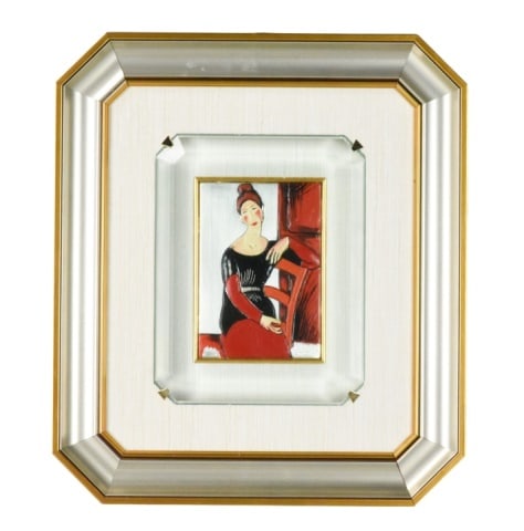 A. Modigliani Hand Painted Sterling Silver Plaque: Amedeo Modigliani Decorative Hand Painted in Sterling Silver Plaque Painting Framed Beveled Glass.Frame measures 16 inches x 14 inches.Art measures 4.5 inches x 6 inches.
