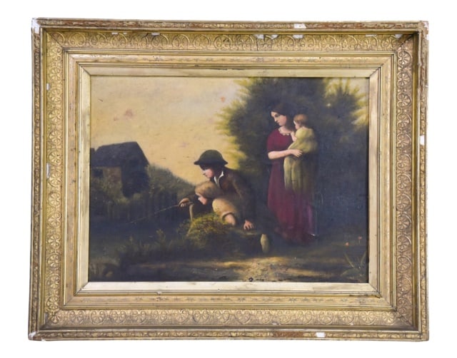 19th Century Signed Genre Scene Painting on Board: 19th Century Signed Genre Scene of a Family Oil on Board Painting. Signed Illegible, lower right corner.Artwork shows some craquelure and yellow varnish. Needs potential restoration.Framed measures 17