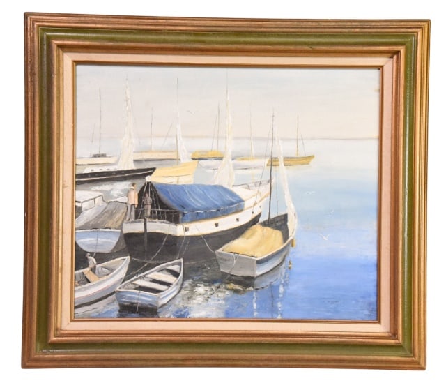 W. N. Kearns Signed Harbor Boat Painting on Board (1 of 8)