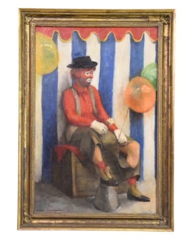 Kathleen Zimmerman Clown Oil on Canvas Painting: Kathleen Zimmerman Clown Oil on Canvas Painting.Framed measures 34 inches x 24 inches, art 30.5 inches x 20 inches.