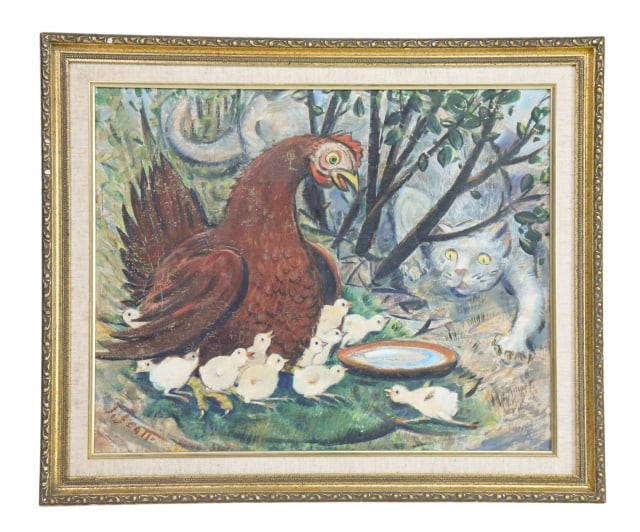 James Scott Hen and Baby Chicks Painting on Board