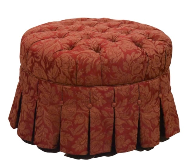 Classic Style Custom Upholstered Skirted Poof: Classic Style Custom Upholstered Skirted Poof OttomanMeasures 19 inches x 27 inches diameter.