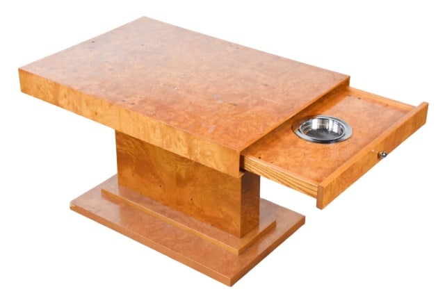 Art Deco Style Grange Root Veneer Cigar Table: Art Deco Style BORD Grange Root Veneer Cigar Table with Drawer and Rectangular Column Base.Measures 20 inches x 32 inches x 22 inchesWear consistent with age and use. Sold as is.