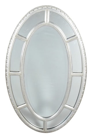 Oval Wall Mirror Featuring Window Pane Design: Mid Century Oval Wall Mirror Featuring Window Pane Design and Grey Finish.Measures 24 inches x 39 inches.