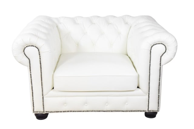 Chesterfield Style Leather Upholstered Chair: Chesterfield Style Classic Leather Tufted Upholstered Accent Chair with Nail Head Trim. Measures 32 inches x 52 inches x 40 inches x 19 inches
