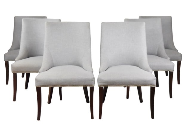 6 Mid Century Upholstered Dining Chairs: 6 Mid Century Custom Upholstered Dining Chairs with Nail Head Trim and Espresso Legs by Lee Industries.Measures 39 inches x 24 inches x 22 inches, seat height 19 inches.