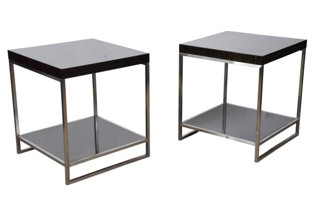 Pair Steve Silver Lucia Side End Tables: Pair Steve Silver Lucia Side End Tables with Nickel finish and Laminated Top.Measures 27 inches x 24 inches x 24 inches.