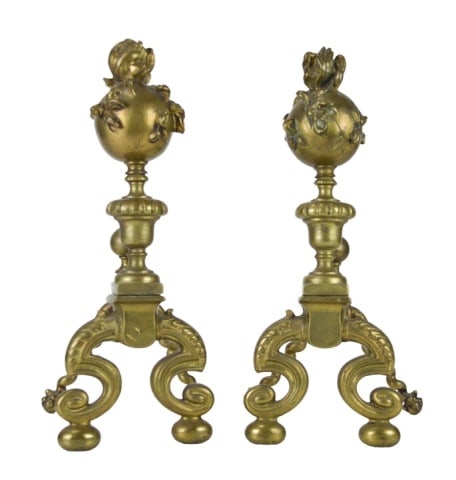 Pair Renaissance Revival Brass Fireplace Chenets: Pair Renaissance Revival Brass Fireplace Chenets with Torch Motif.Measures 15 inches x 6 inches x 8 inches.