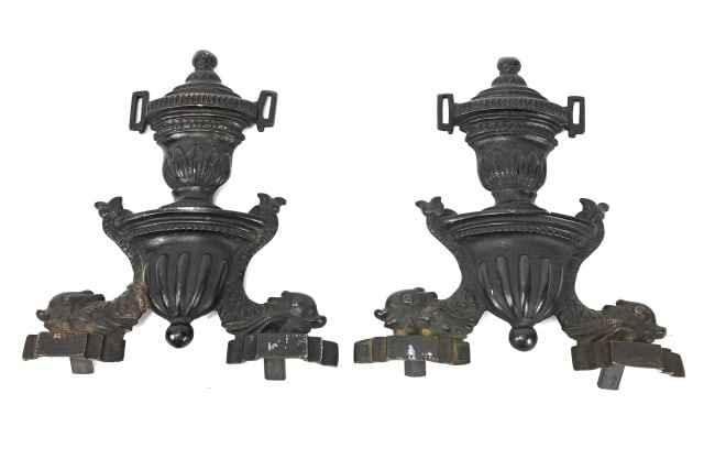 Pair Antique Neoclassical Cast Metal Chenet Faces: Pair Antique Neoclassical Cast Metal Chenet Faces in Painted Black with Dolphin and Urn Motif.Measures 9 inches x 8 inches.