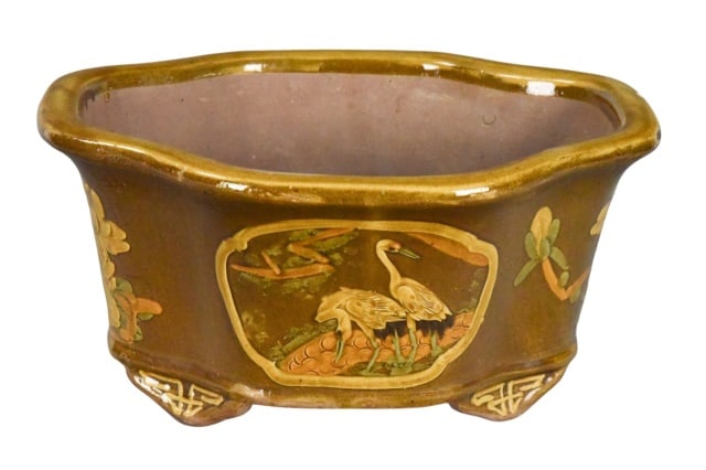Chinese Style Glaze Terracotta Bonsai Planter: Chinese Style Glaze Terracotta Bonsai Planter / Martaban Pot with Crane Motif. Measures7.45 inches x 15 inches x 12 inches.