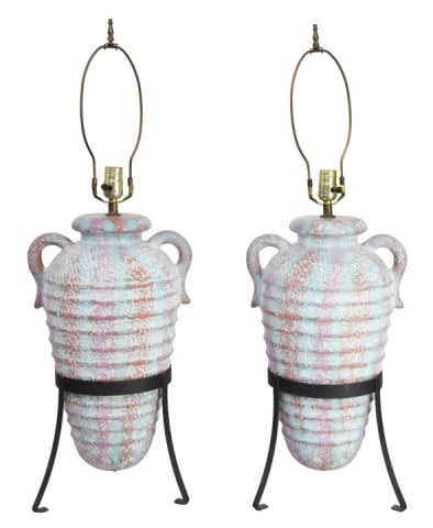 Vintage Plaster Bee Hive Urn Ceramic Table Lamps: Vintage Plaster Bee Hive Urn Ceramic Table Lamps with A Textured Ribbed Design on Iron Stands.Measures 23 inches x 11 inches x 9 inches.