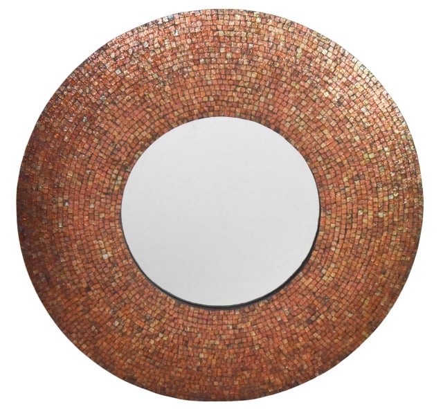 Mid Century Round Hand Made Mosaic Wall Mirror: Mid Century Round Hand Made Frame of Terracotta Colored Glass Tile Mosaic Wall Mirror Measures 36 inches x 36 inches x 1 inch.