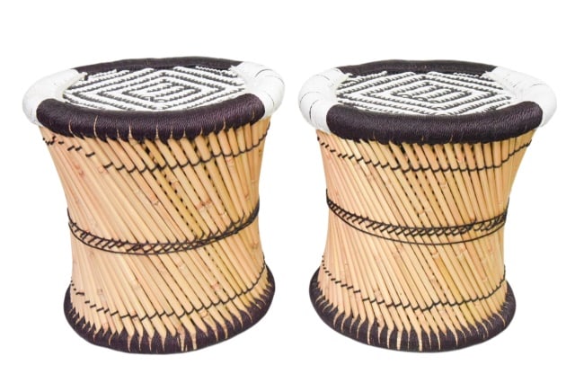 Moray Decorative Hand Woven Jute Bamboo Stools: Pair Moray Decorative Hand Woven Jute Accent Bamboo Stools with Black Diamond PatternMeasures 14.5 inches x 14 inches in diameter.