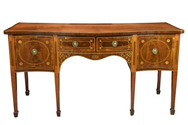 Antique Federal Style Inlaid Serpentine Sideboard: Antique Federal Style Inlaid Serpentine Sideboard.Measures 37.5 inches x 72 inches x 32 inches.