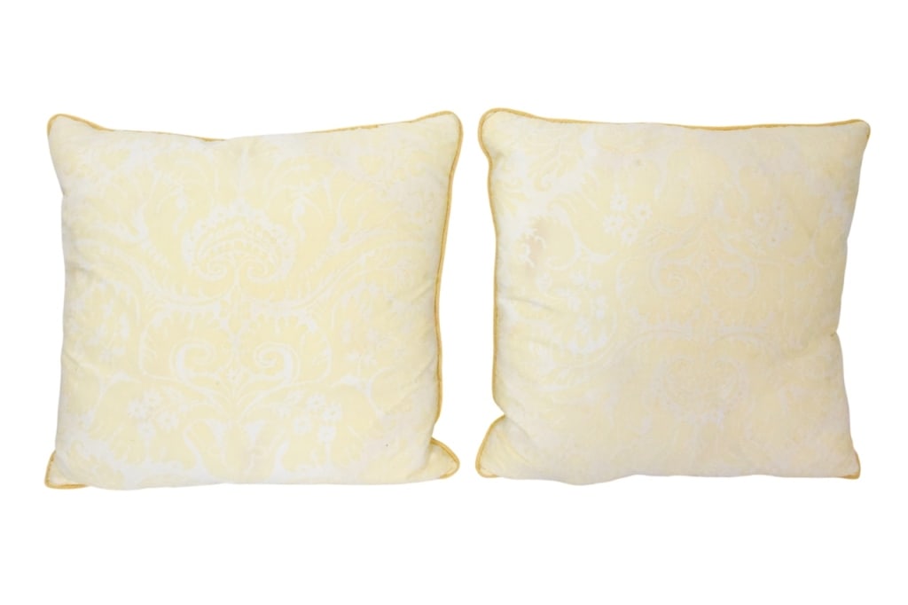 2 Italian Mariano Fortuny Cimarosa Down Pillows: 2 Italian Mariano Fortuny Cimarosa Down Pillows in Soft Yellow. Some discoloration.Measures approximately 187 inches x 19 inches.