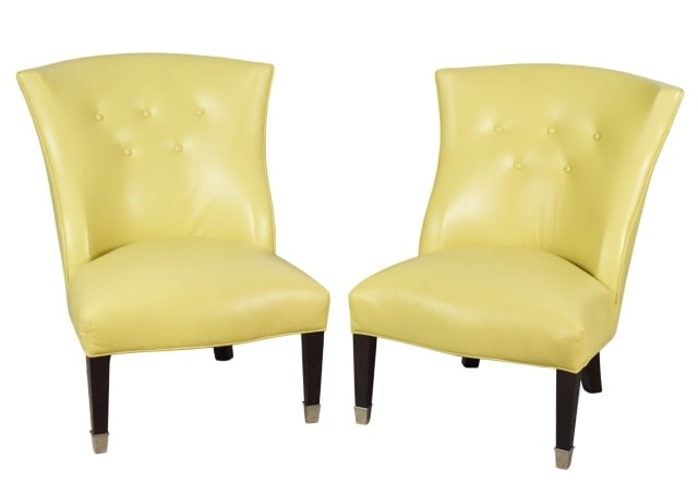 2 Mid Century Yellow Leather Upholstered Chair: Pair Mid Century Custom Yellow Leather Upholstered Lounge Chairs.Measures 35 inches x 25 inches x 25 inches, seat height 17 inches.