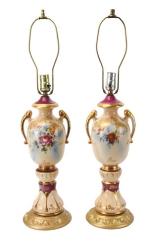 Pair Antique Porcelain Urn Form Table Lamps: Pair Antique Porcelain Urn Form Table Lamps. Some gilt paint wear. Sold as is.Measures 28 inches x 8 inches.